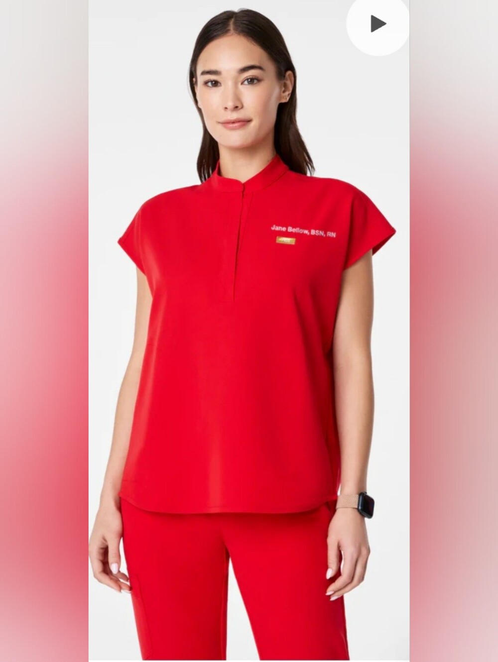 Figs Womens Small Red Oversized Rafaela Scrub Top Mandarin Collar